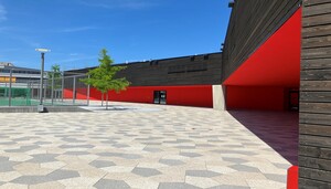 Außenaufnahmen der schwarz-rot gestalteten Turnhallen in Puchheim.