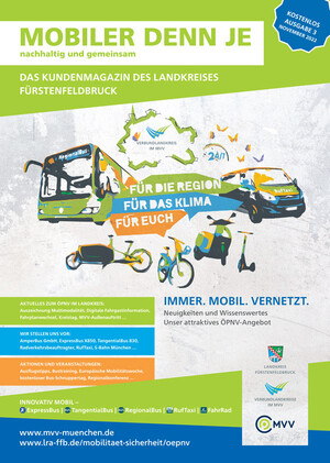 Titelbild Kundenmagazin mit gemaltem Bus, Auto, Lastenrad, Rad