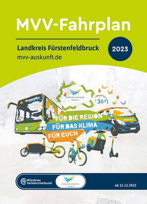 Titelbild Fahrplanheft mit gemaltem Linienbus, Kleinbus, Fahrrad, Roller